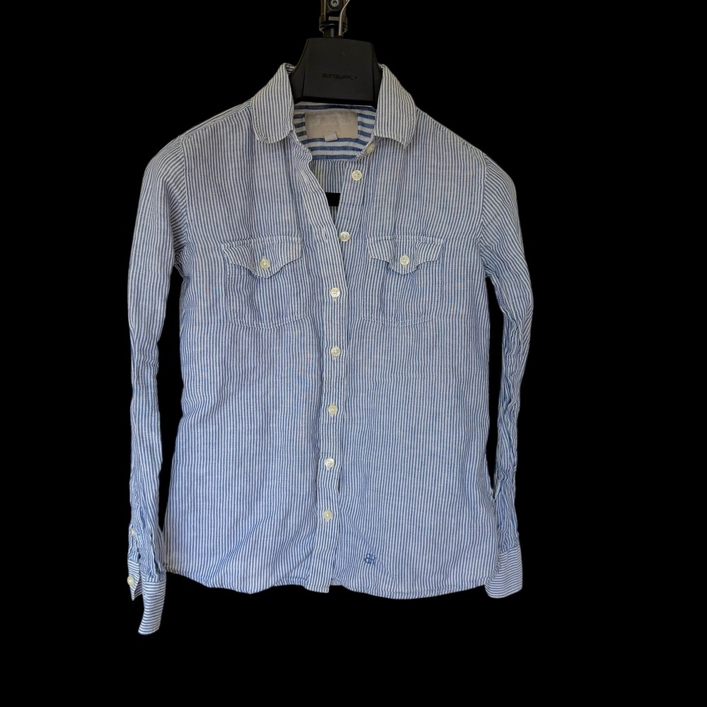 Banana Republic Soft Wash Shirt XS Blue White Striped Linen Cotton Blend